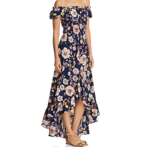 NWT Aqua Floral Off-Shoulder Ruffle Maxi Dress Navy Pink | Womens XS - Picture 1 of 11